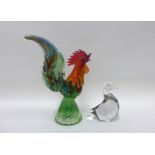 Art glass Cockerel and a Wedgwood glass duck, tallest 33cm (2)