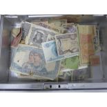 Black metal deed box containing a quantity of world bank notes (a lot)
