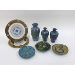 Three Japanese cloisonne vases, three pin dishes and a pair of Secessionist brass framed tiles (8)