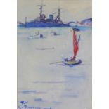 20th century school watercolour of a war ship and other boats, signed with initials R.V and