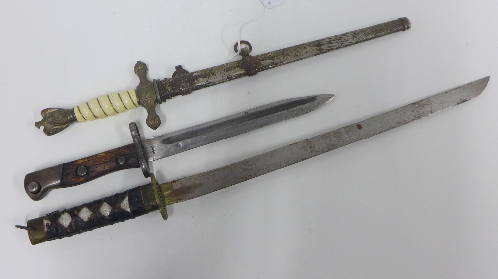 Replica Nazi dagger and scabbard, bayonet and a small dagger, (3)