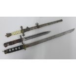 Replica Nazi dagger and scabbard, bayonet and a small dagger, (3)