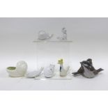 Royal Copenhagen porcelain birds, Plichta white glazed shell and minute porcelain animals and birds,
