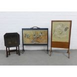 Chinese silk needlework fire screen and another together with a small chinoiserie folding table,