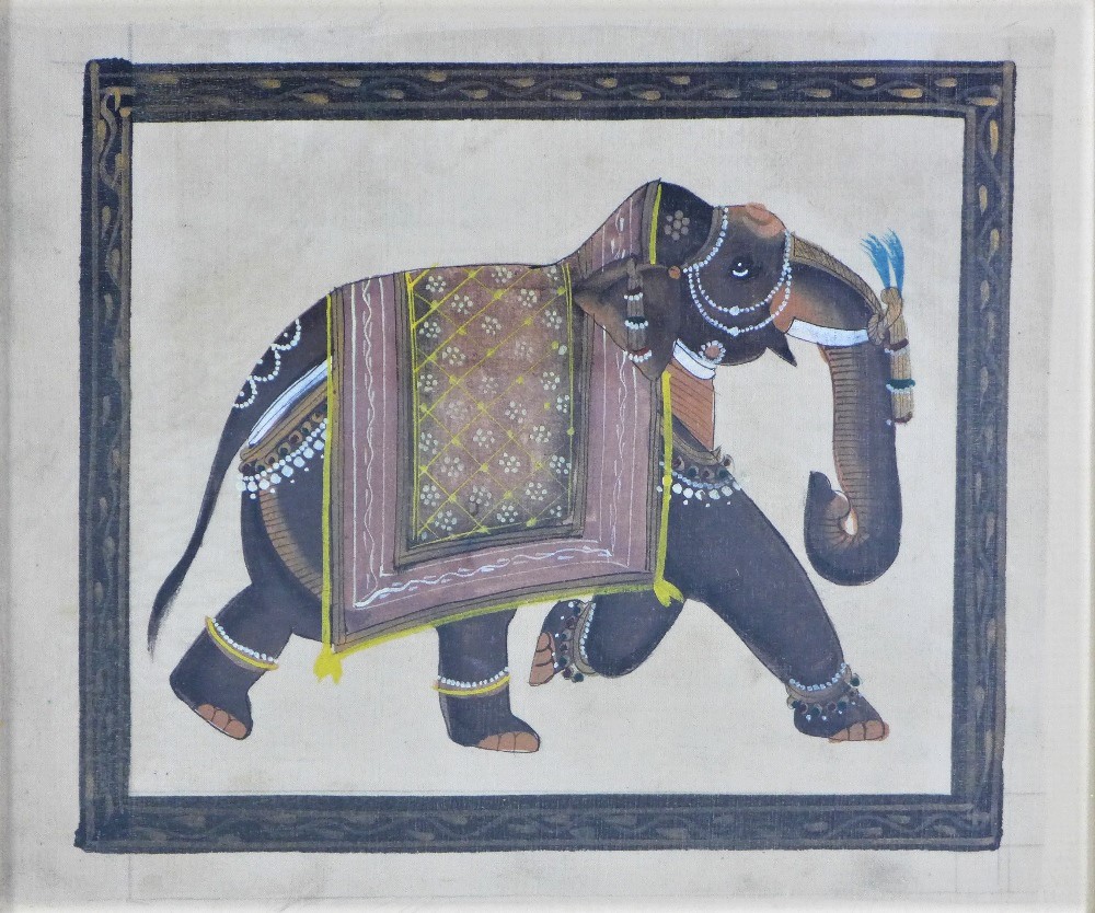 A companion pair of Indian School gouache paintings on fabric of elephants, framed under glass, 30 x - Image 3 of 3