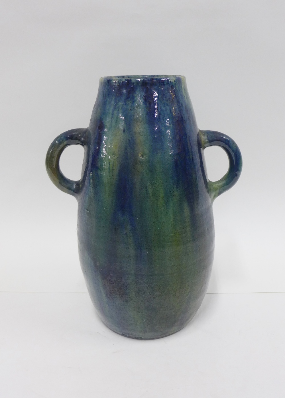 Continental art pottery vase with looping handles and a green and blue streaked glaze, 32cm - Image 2 of 3