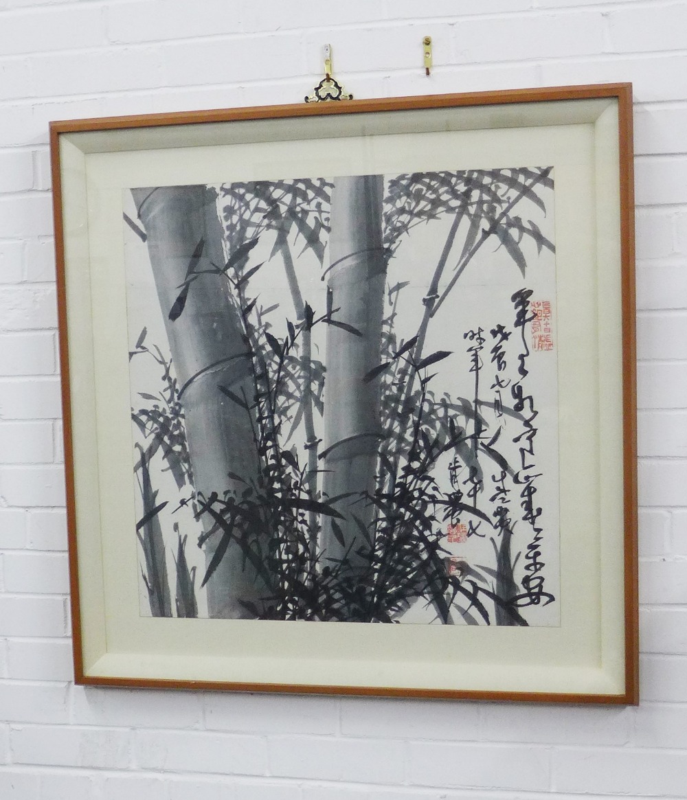 Korean School, ink painting of bamboo shoots, with red seal marks, framed under glass, 65 x 68cm