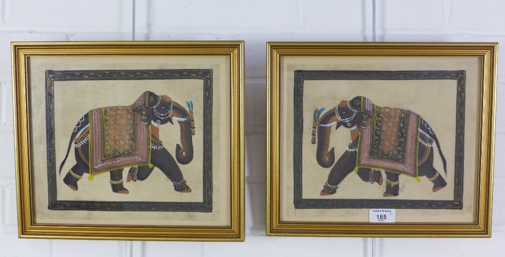 A companion pair of Indian School gouache paintings on fabric of elephants, framed under glass, 30 x