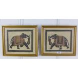 A companion pair of Indian School gouache paintings on fabric of elephants, framed under glass, 30 x