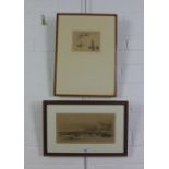 D.Y Cameron 'Arran', an etched print, framed under glass, 26 x 13cm together with an etching of