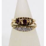 18ct gold ruby ring and a five stone diamond ring, claw set in an unmarked gold band, UK ring size