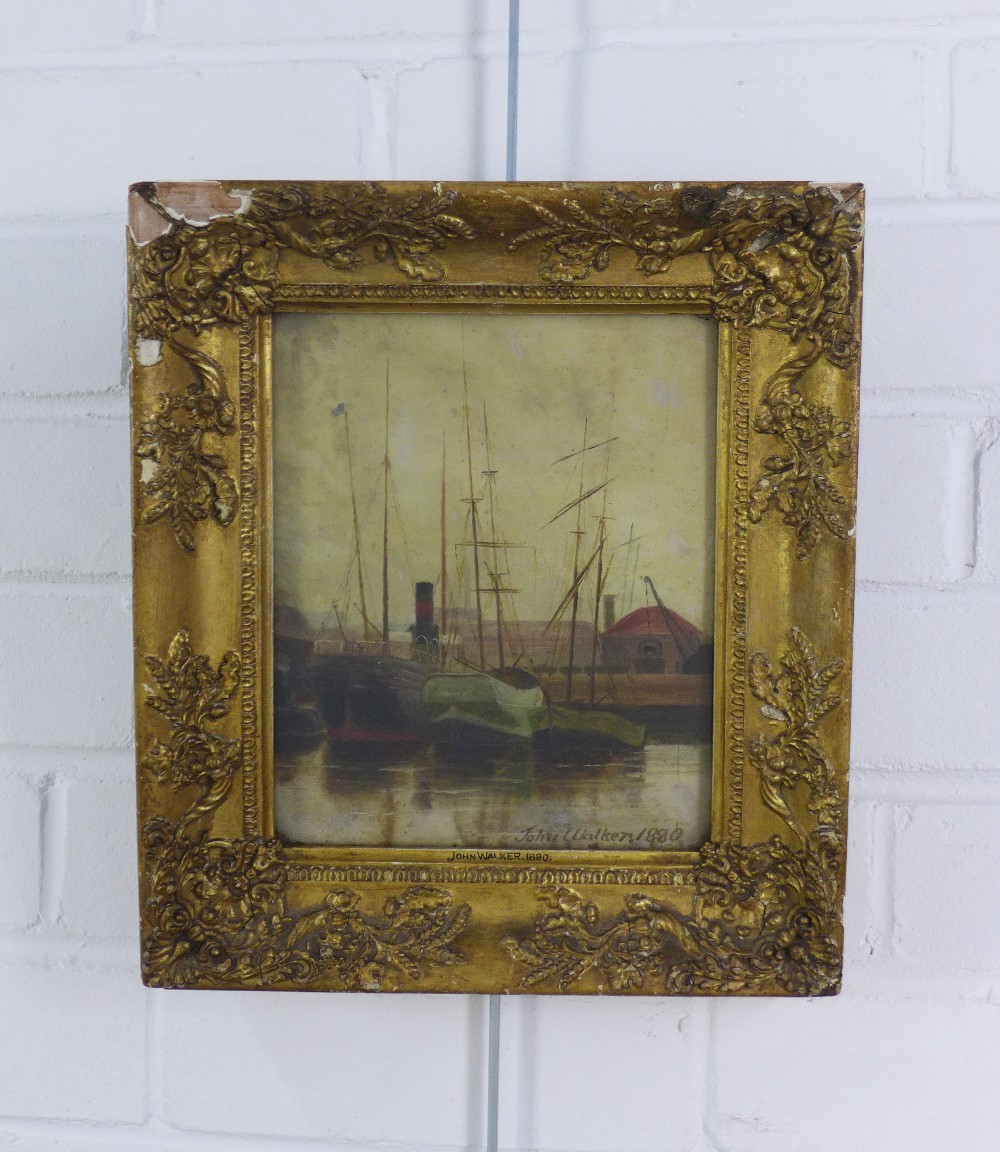 John Walker, (19th century school) harbour scene, oil on board, signed and dated 1880, under glass - Image 2 of 4