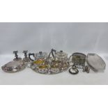 Collection of Epns wares to include a tray, teaset, toast racks, entree dish, candlesticks, etc (a