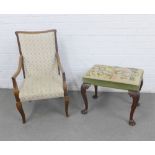 Mahogany stool with a tapestry upholstered seat on shell carved cabriole legs and an early 20th