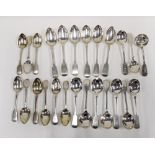 A large collection of 19th century fiddle pattern flatware, with mixed hallmarks and makers to