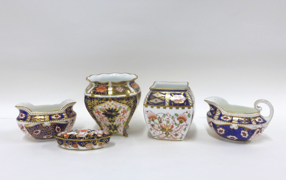 Royal Crown Derby porcelain to include a square vase and another, trinket dish and cover and similar