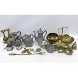 Collection of pewter and brass wares to include teaset, vases, bowls, etc (a lot)