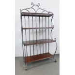 Contemporary Bakers style shelves with metal scrolling frame and four fixed wooden shelves, 103 x