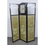Three fold screen with Japanese silk embroidered panels depicting birds, 182 x 120cm