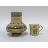 Royal China Works, Worcester miniature porcelain cup and a Mettlach style vase, tallest 9cm (2)