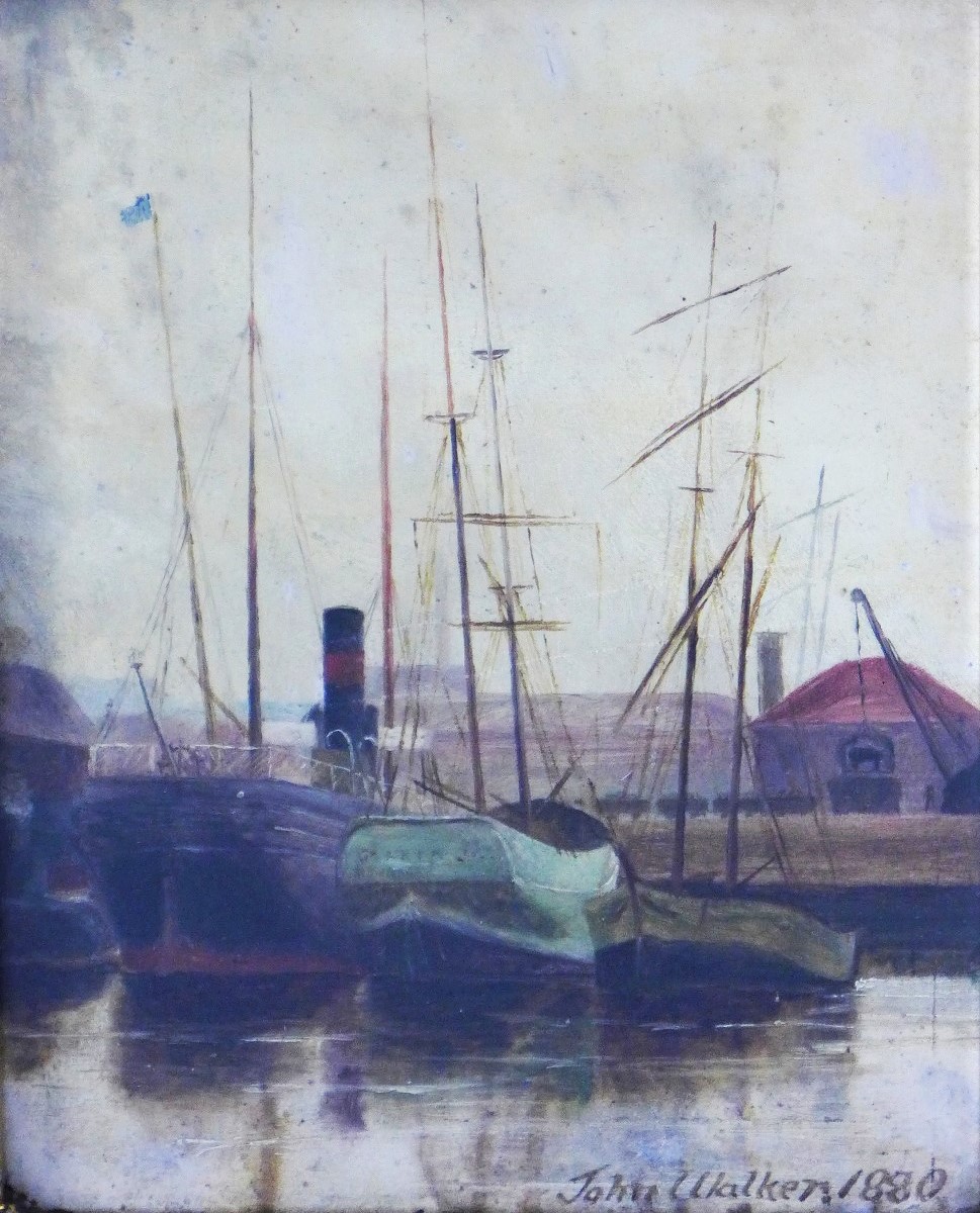 John Walker, (19th century school) harbour scene, oil on board, signed and dated 1880, under glass