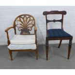 Early 20th century open armchair with pierced back and upholstered seat together with a mahogany