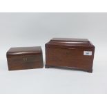 19th century mahogany sarcophagus tea caddy and a later caddy with two lead lined divisions, largest