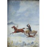 L. Obit (19th century Prussian School) oil on board of a winter scene with sled and dog, signed,