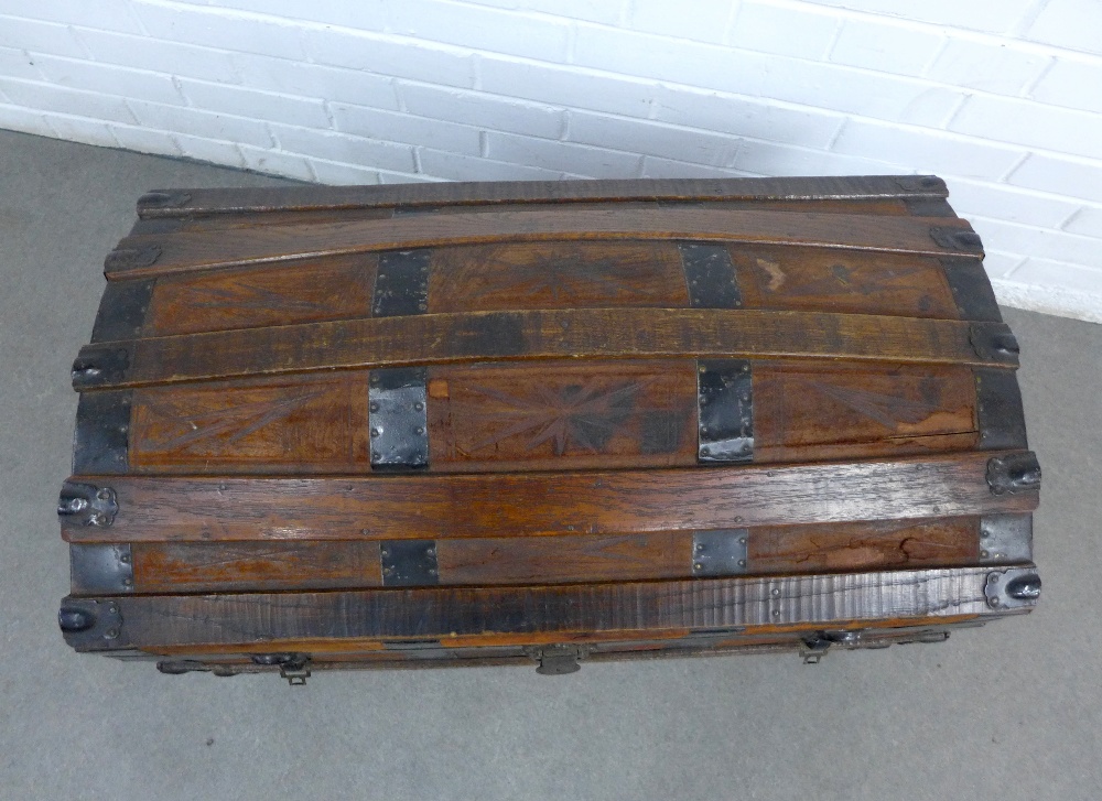 Dome top trunk with oak and metal bound leather outer covering with a lift out tray to the interior, - Image 2 of 4