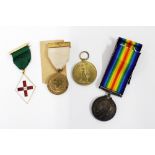 WWI Victory and War medals, awarded to PTE LAW 203708 and two Red Cross medallions (4)