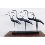 Metal sculpture of eight wading birds on a rectangular plinth, 115 x 60cm