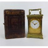 French brass repeater carriage clock by E Mercier & Co, striking on a gong, the enamel dial with