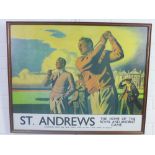 Coloured golfing print of St Andrews, framed under glass, 73 x 58cm