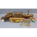 Two cartons containing miscellaneous wooden items to include boxes, bellows, trinkets, a Japanese