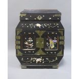 Japanese lacquered jewellery box with a hinged lid over a single long drawer and pair of cupboard