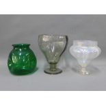Three glass vases to include a Clutha style dimpled vase and an Austrian style iridescent vase, etc,