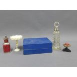 Mixed lot to include a silver collared scent bottle and others, small pin cushion, early 20th