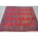 Turkish wool rug / carpet, red field and multiple borders, worn in places, 352 x 282cm