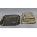Eastern inlaid musical cigarette box and a rectangular lacquered tray, largest 34cm long (2)