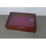 Glazed table top display case, with purple velvet interior, with keys, 81 x 26 x 51cm