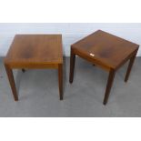 A pair of modern walnut coloured lamp / side tables, on square tapering legs, 50 x 50cm (2)
