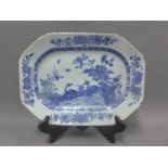 Chinese blue and white octagonal dish with deer pattern, 31.5cm x 23cm