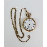 Waltham gold plated open faced pocket watch with a 9ct gold watch chain, stamped 375