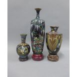 Collection of early 20th century Japanese cloisonne vases, the tallest with wisteria pattern,