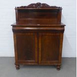 19th century flame mahogany chiffonier, the superstructure with a scrolling and carved top rial,