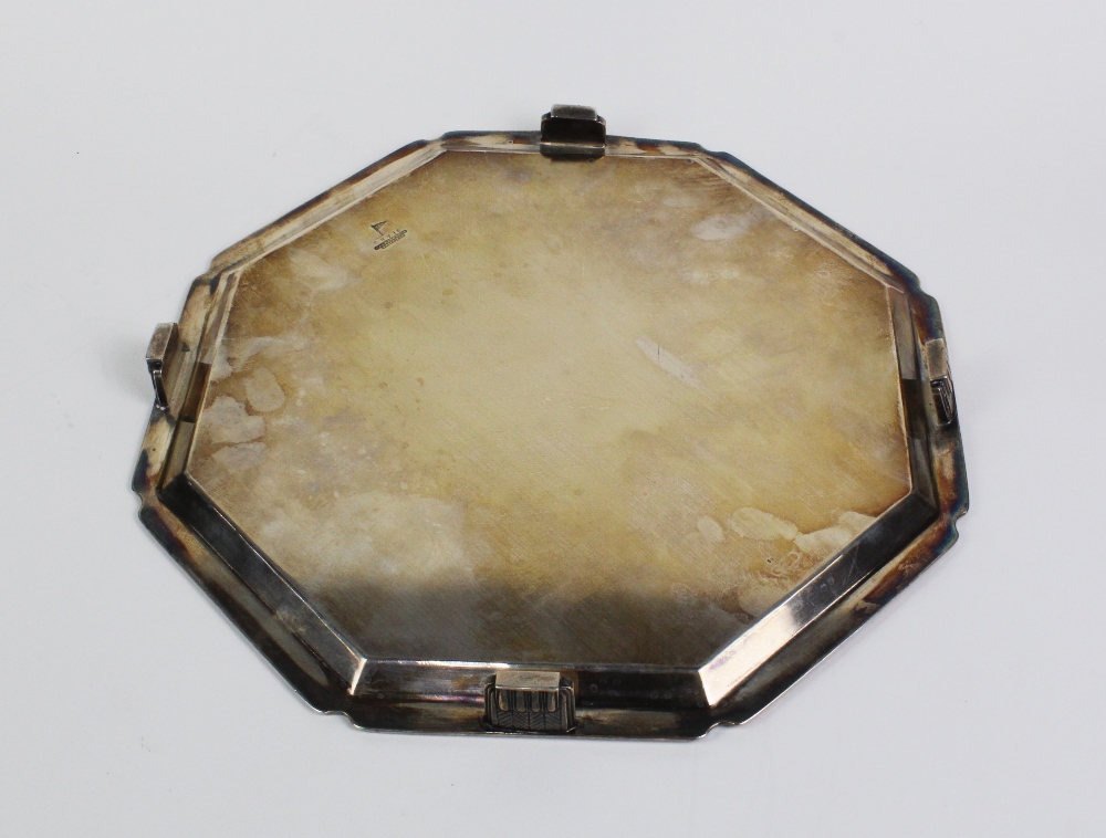 An octagonal silver presentation tray with gadrooned edge and Art Deco feet, by Walker & Hall, - Image 4 of 5