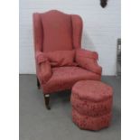 Upholstered wing armchair with a matching upholstered footstool, 81 x 116 x 55cm depth (2)