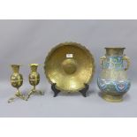 Brass and cloisonne vase, eastern brass charger and a pair of brass vases, tallest 31cm