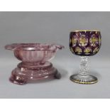 Davidson's cloud glass bowl and stand and a Bohemian glass goblet, (2)