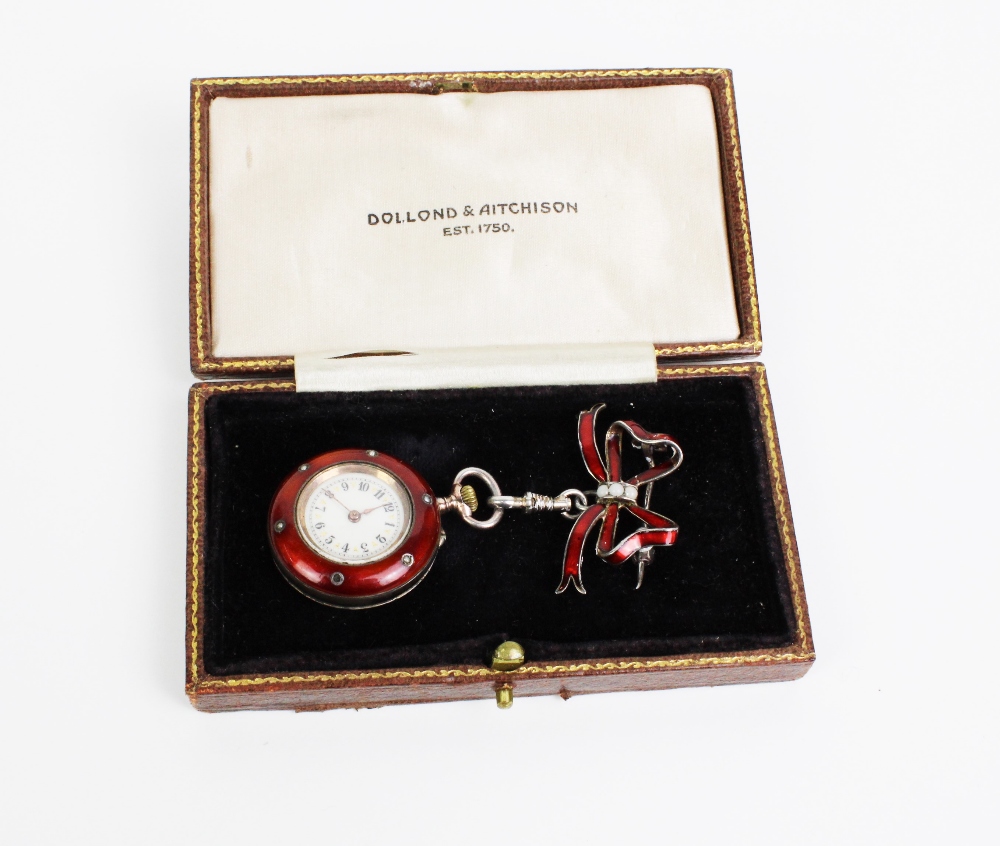 Early 20th century red enamel and seed pearl fob watch